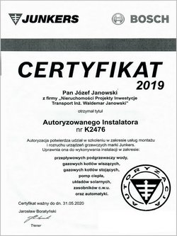 certyfikat autoryzowanego instalatora junkers i bosch