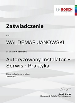 certyfikat autoryzowany instalator i serwis praktyka junkers i bosch